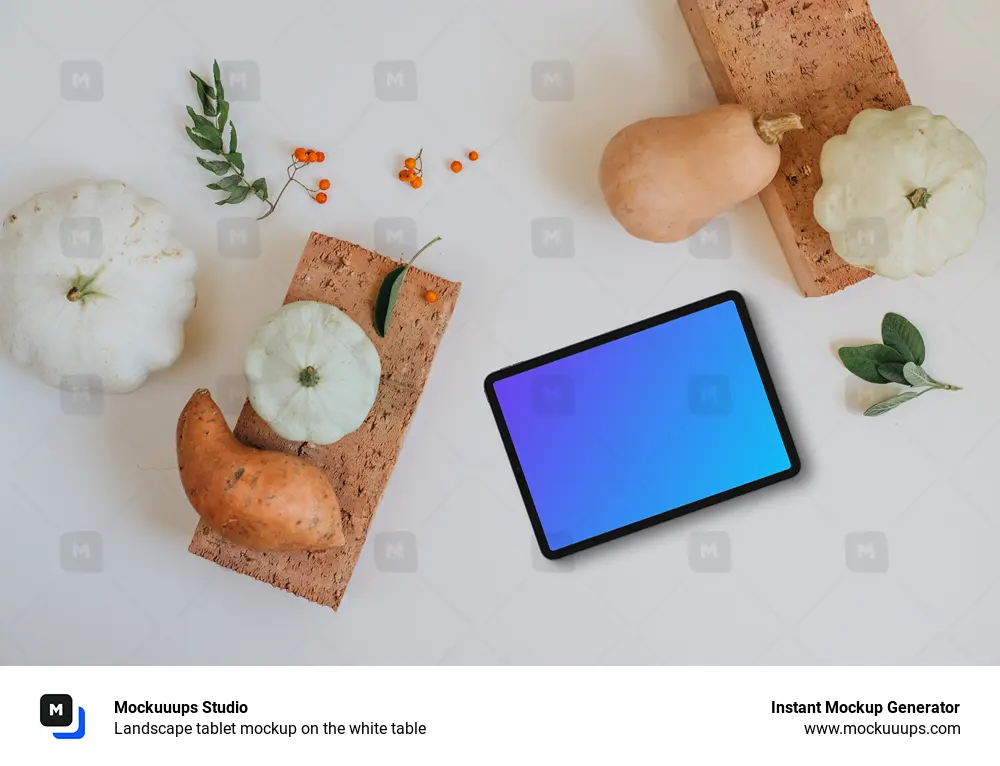 Landscape tablet mockup on the white table