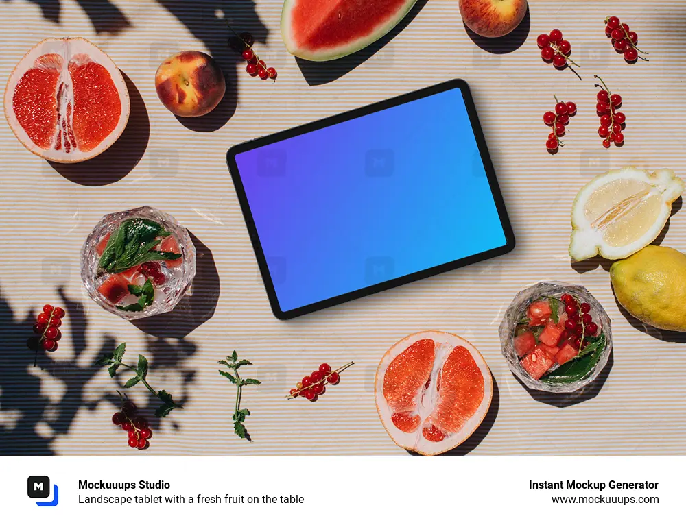 Landscape tablet with a fresh fruit on the table