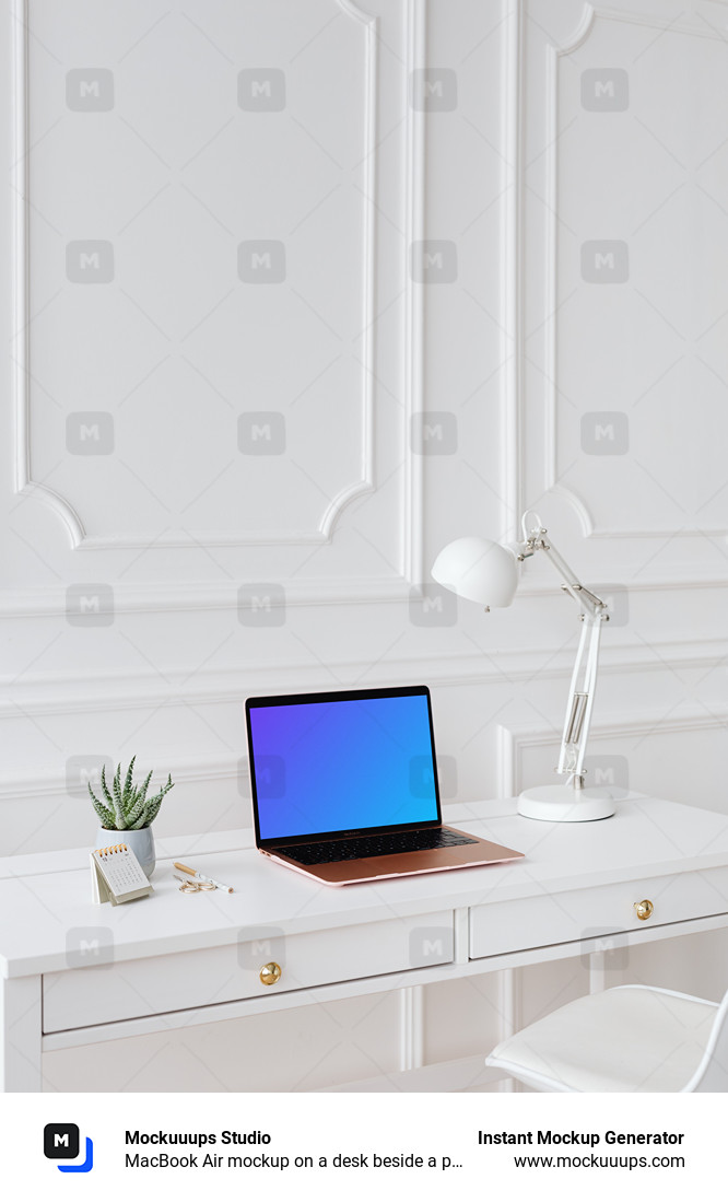 MacBook Air mockup on a desk beside a potted plant