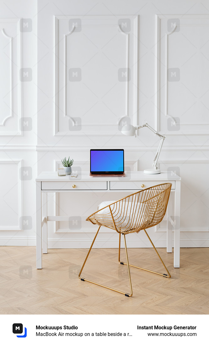 MacBook Air mockup on a table beside a reading lamp