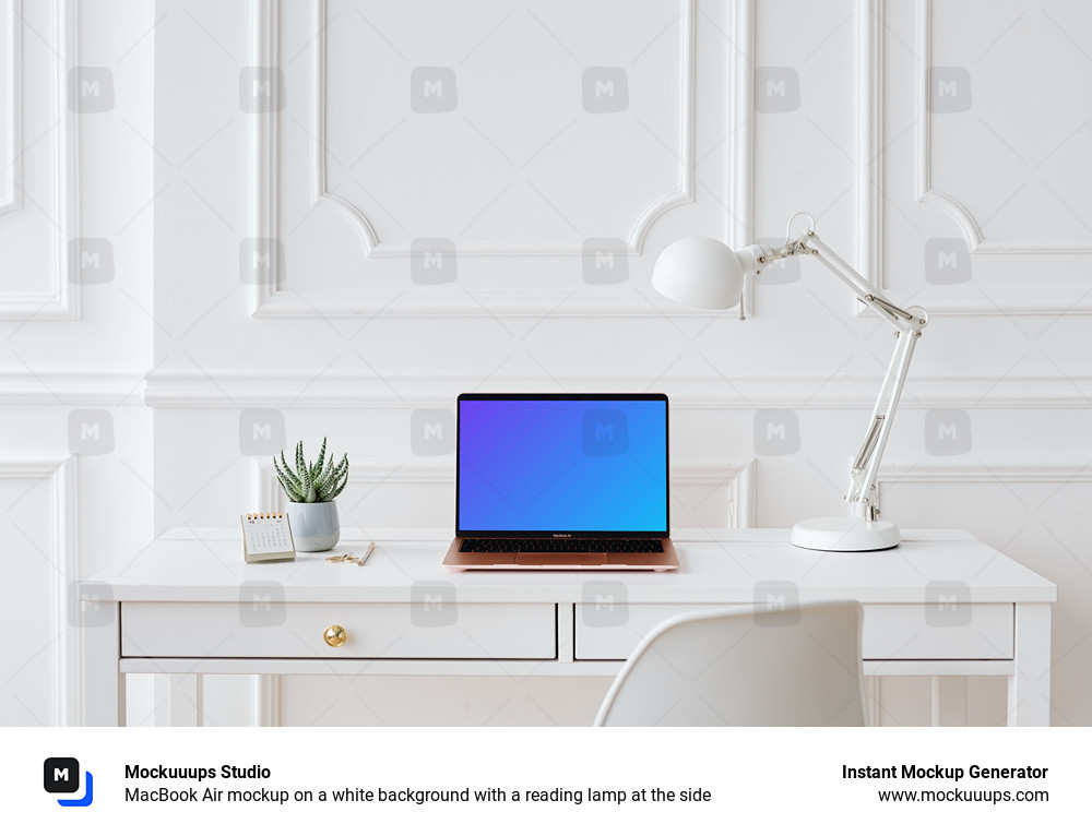 MacBook Air mockup on a white background with a reading lamp at the side