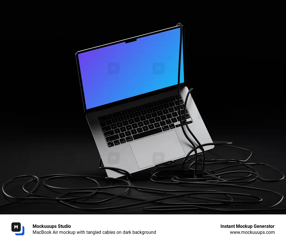 MacBook Air mockup with tangled cables on dark background