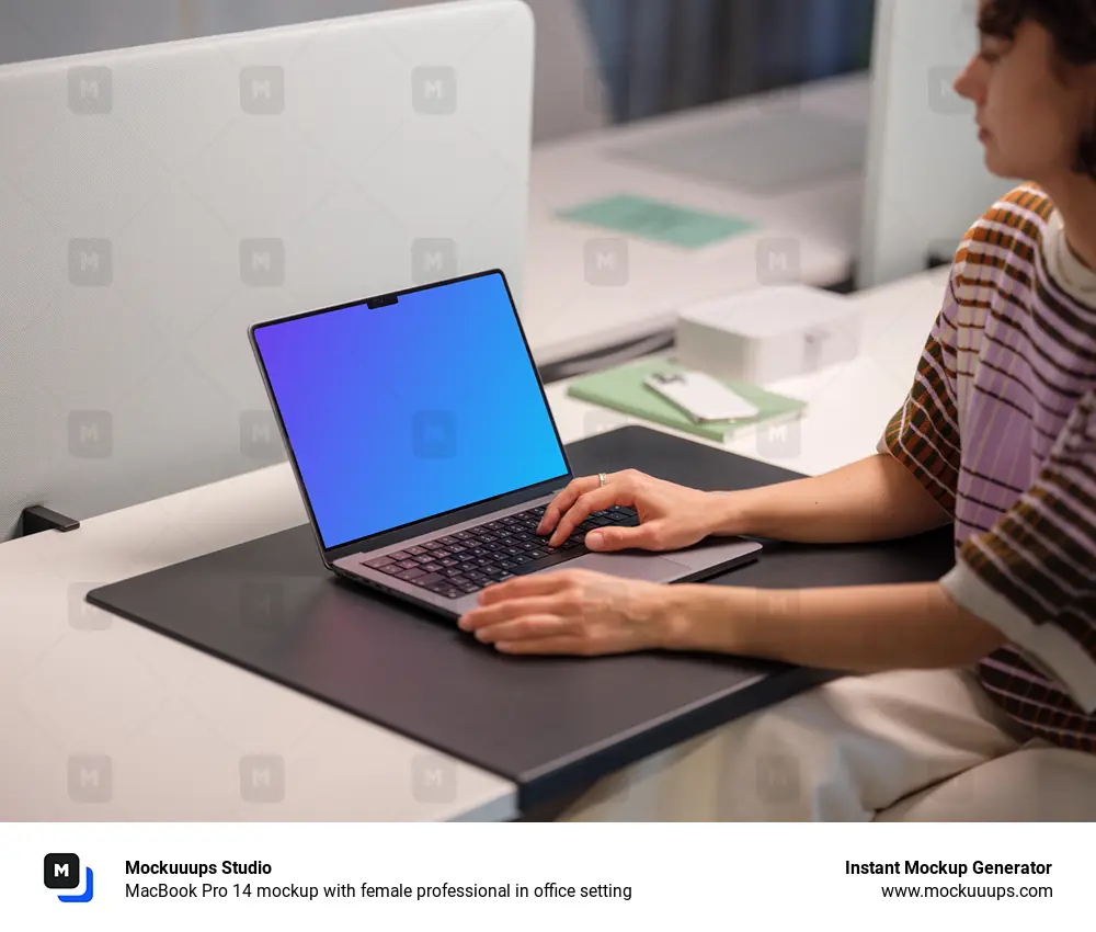 MacBook Pro 14 mockup with female professional in office setting