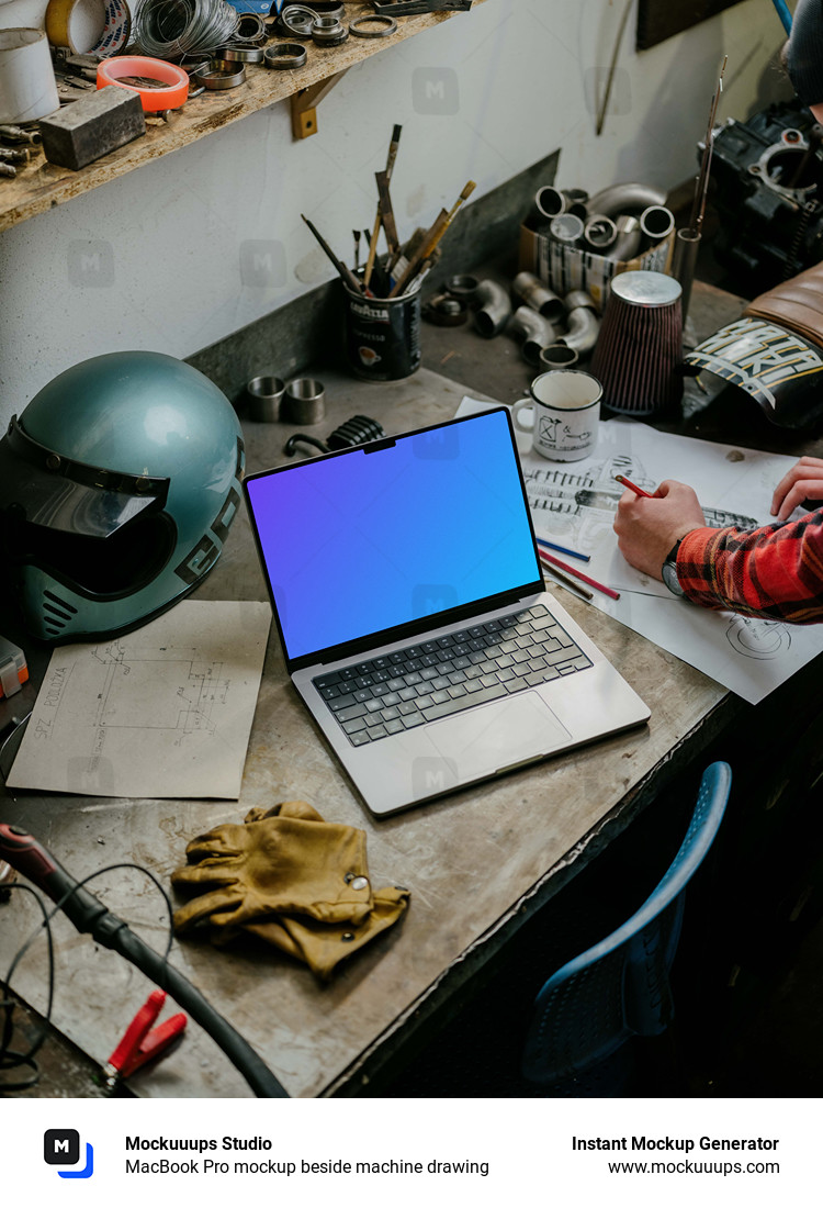 MacBook Pro mockup beside machine drawing