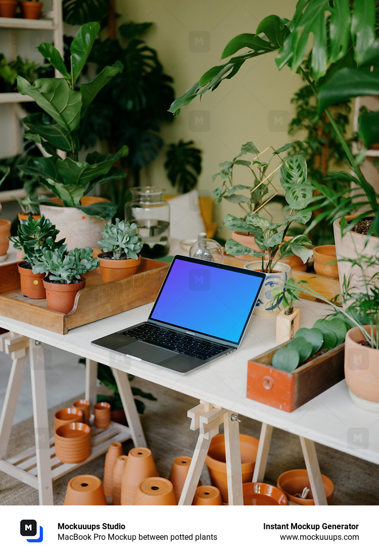 MacBook Pro Mockup between potted plants