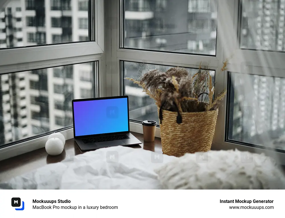 MacBook Pro mockup in a luxury bedroom