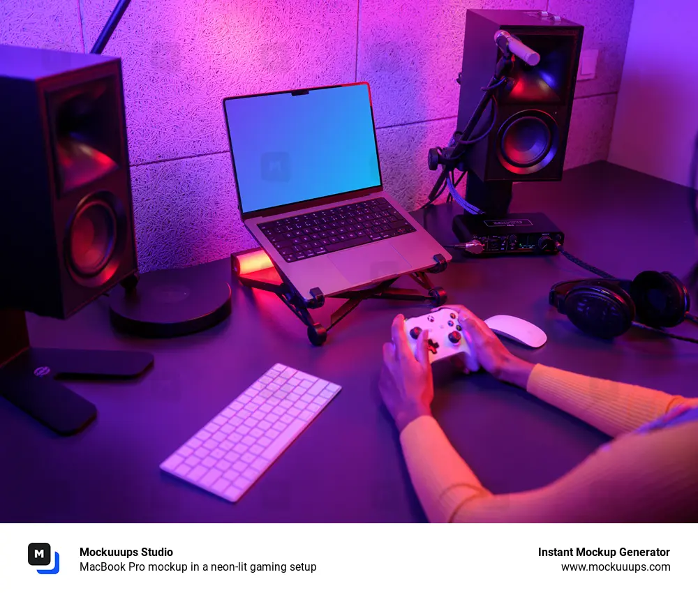 MacBook Pro mockup in a neon-lit gaming setup