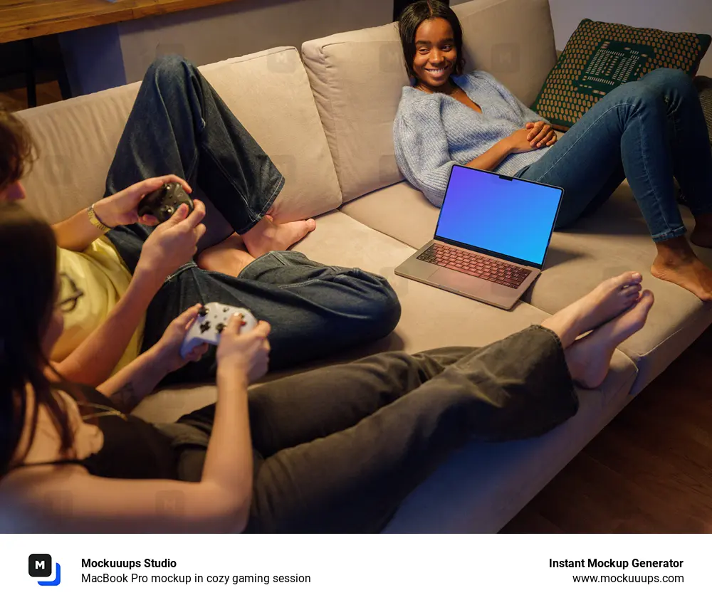 MacBook Pro mockup in cozy gaming session