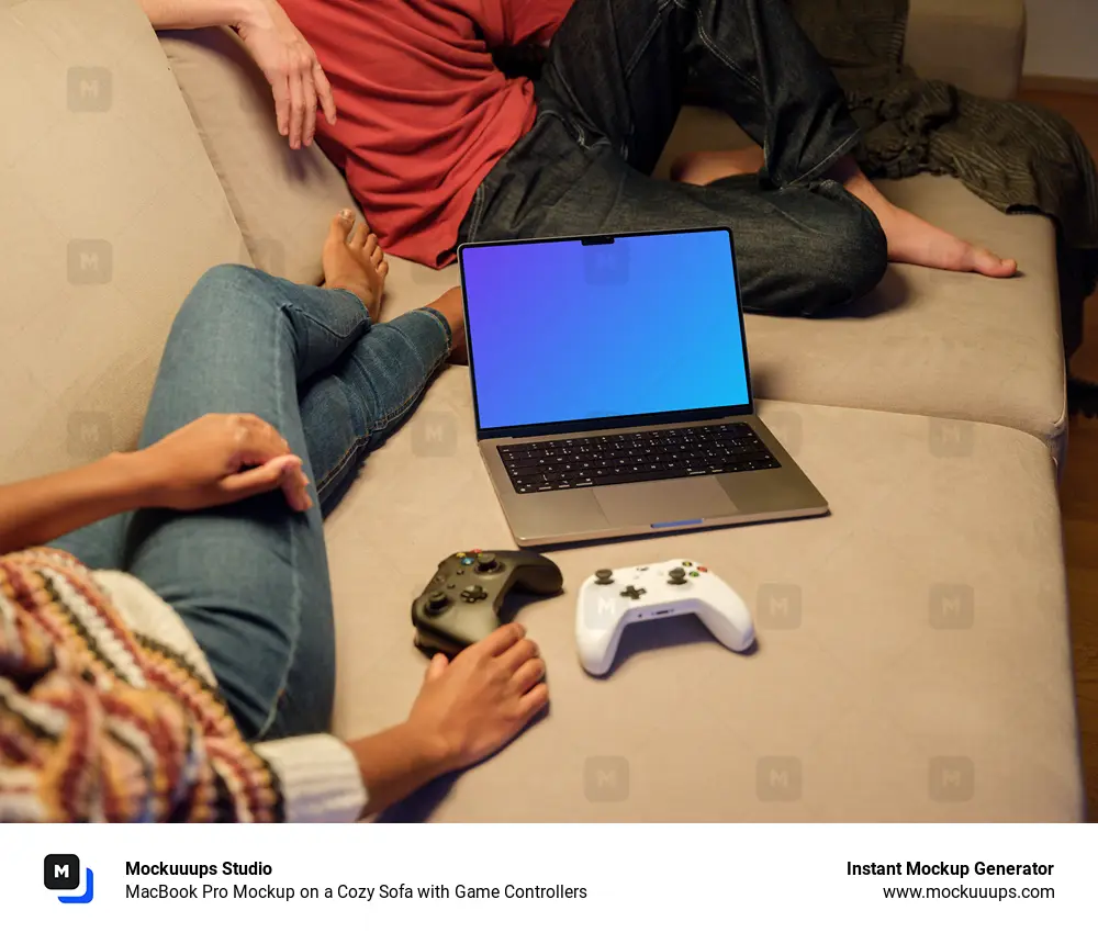 MacBook Pro Mockup on a Cozy Sofa with Game Controllers