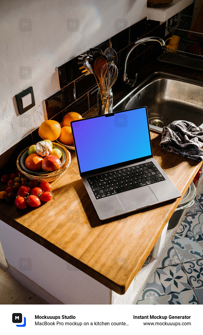 MacBook Pro mockup on a kitchen counter next to bowls of fruits