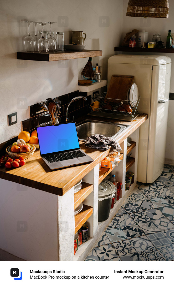 MacBook Pro mockup on a kitchen counter