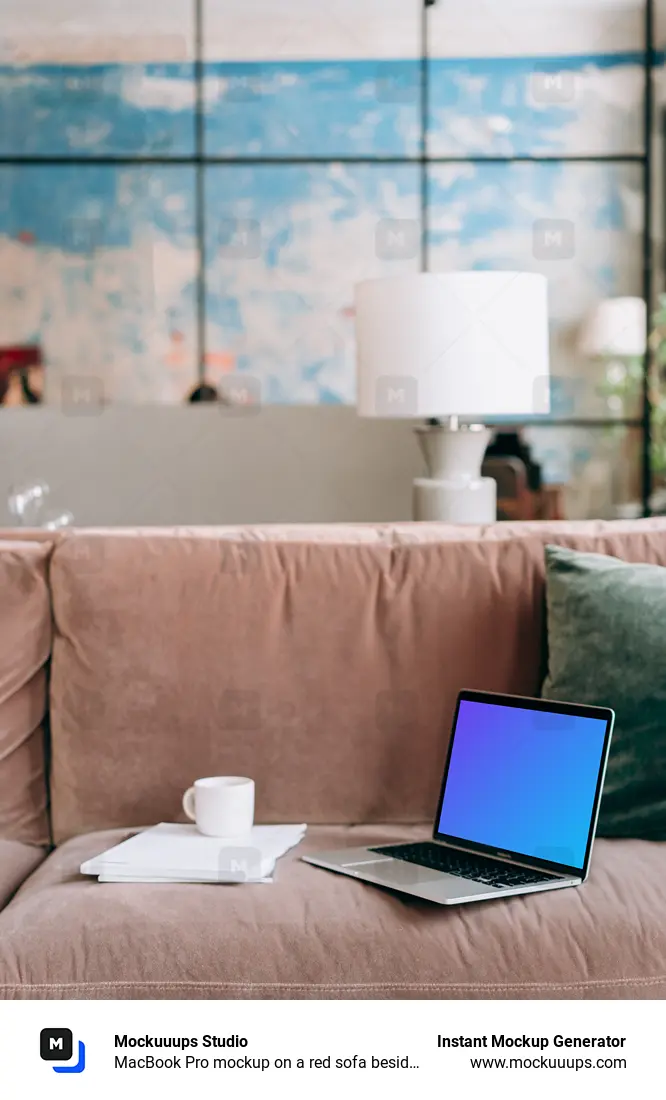 MacBook Pro mockup on a red sofa beside a couple of notepads