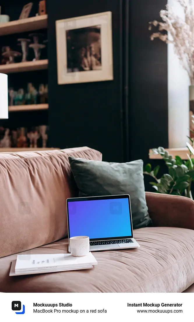 MacBook Pro mockup on a red sofa