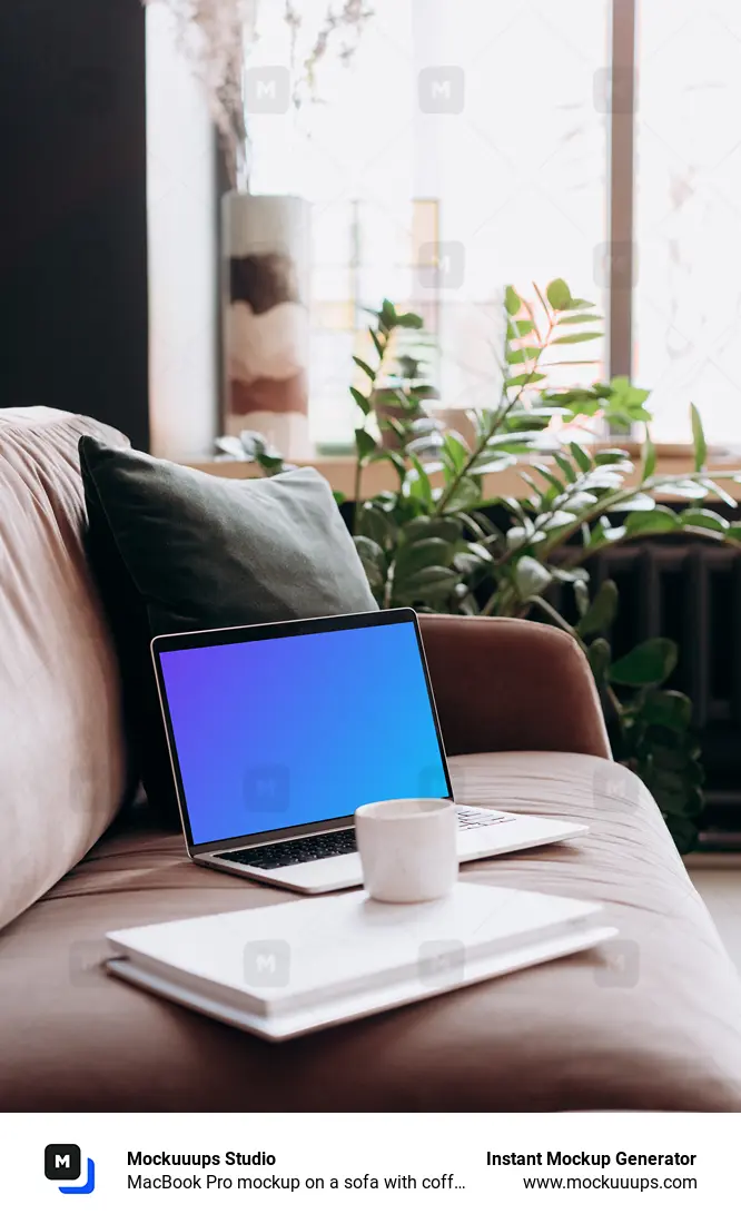 MacBook Pro mockup on a sofa with coffee and documents