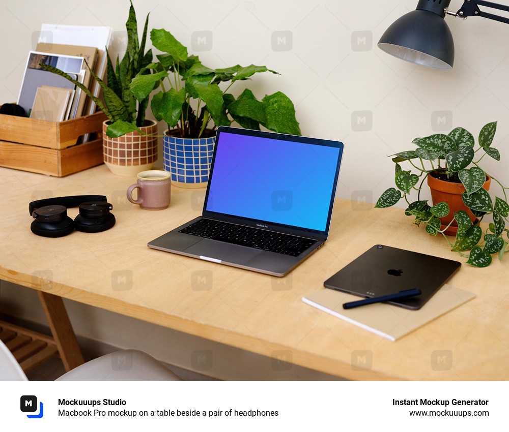 Macbook Pro mockup on a table beside a pair of headphones