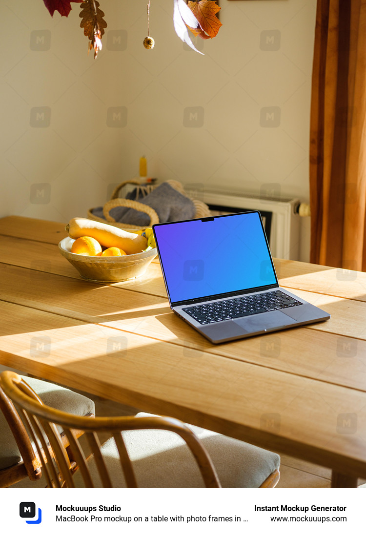 MacBook Pro mockup on a table with photo frames in the background