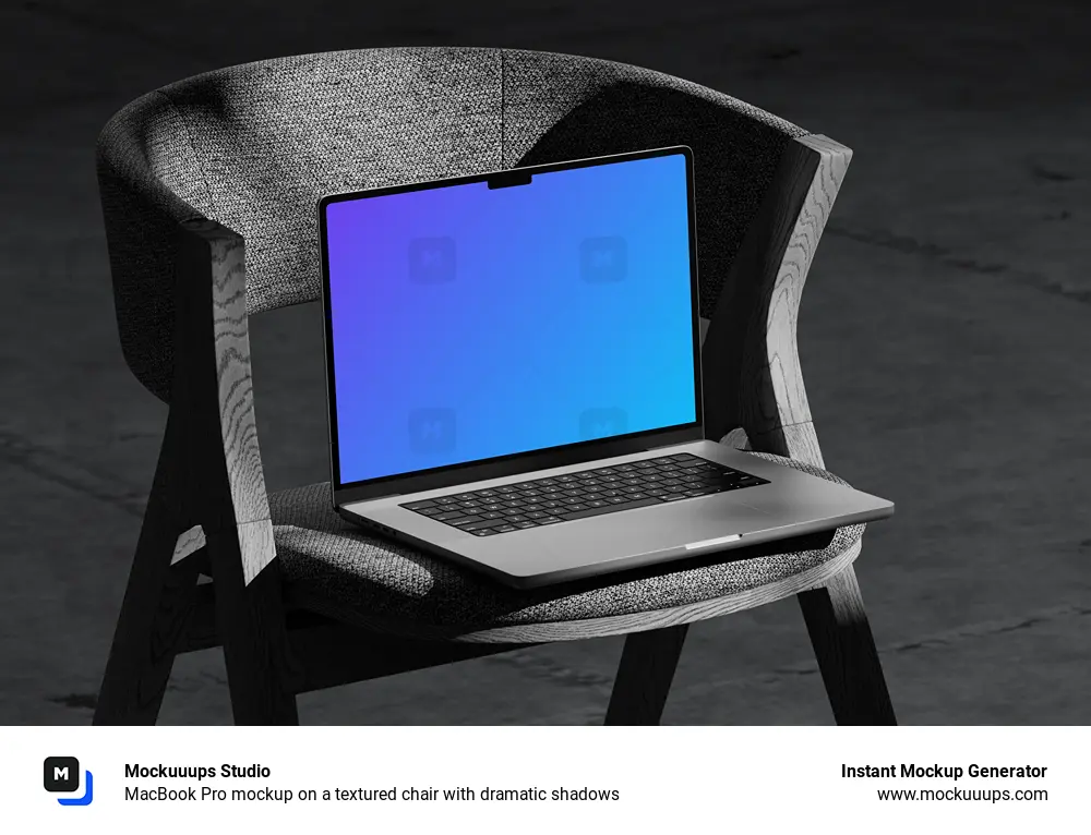 MacBook Pro mockup on a textured chair with dramatic shadows