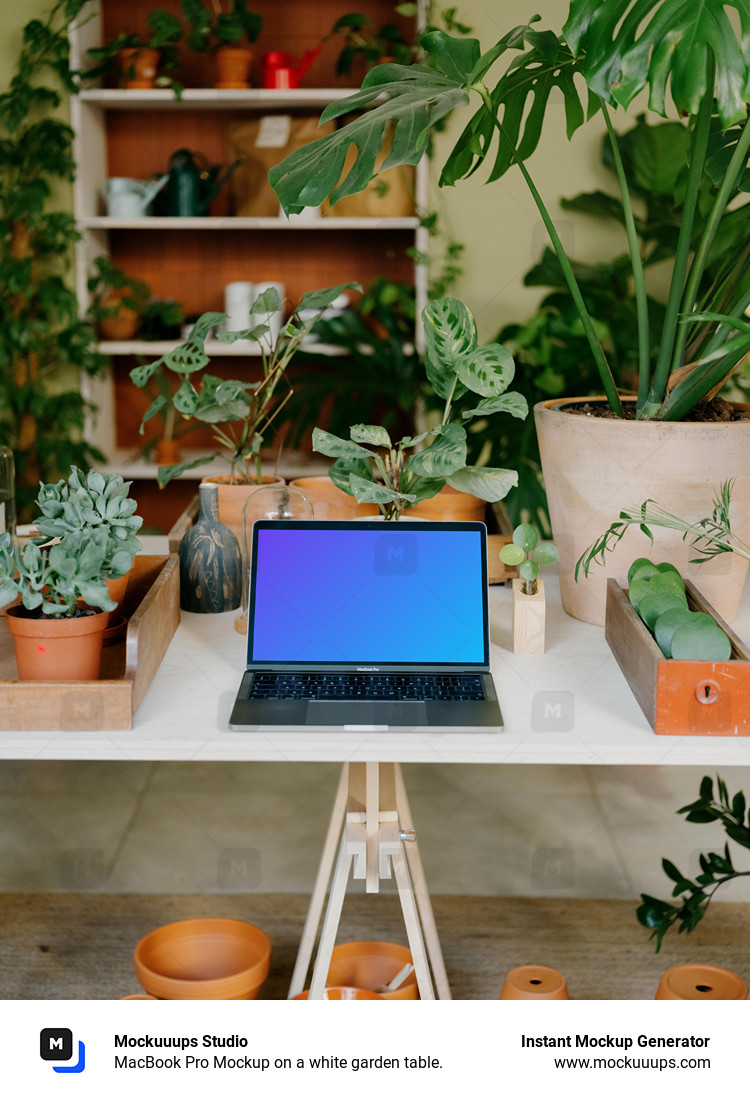 MacBook Pro Mockup on a white garden table.