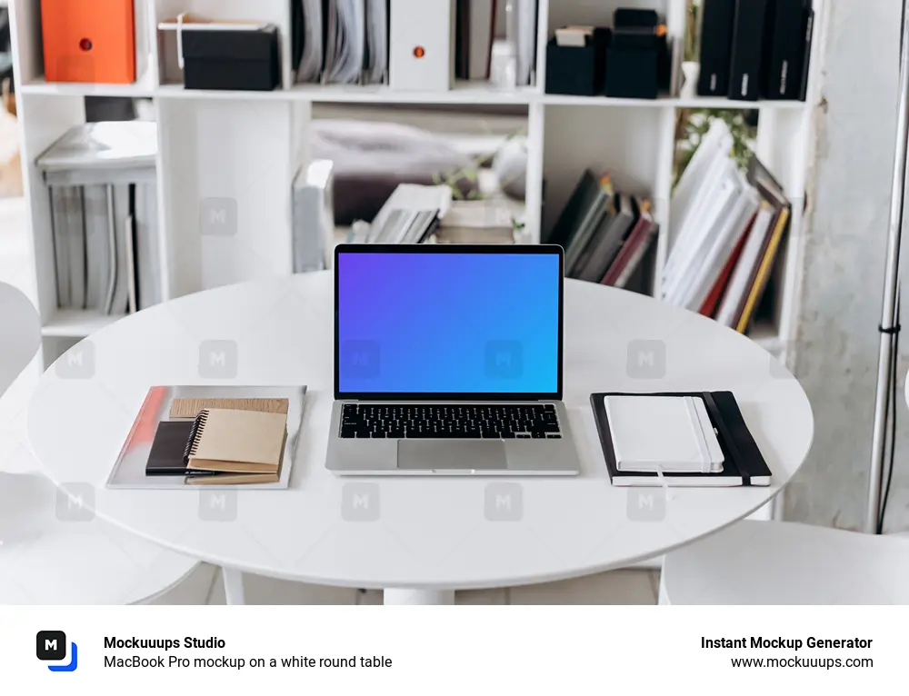 MacBook Pro mockup on a white round table