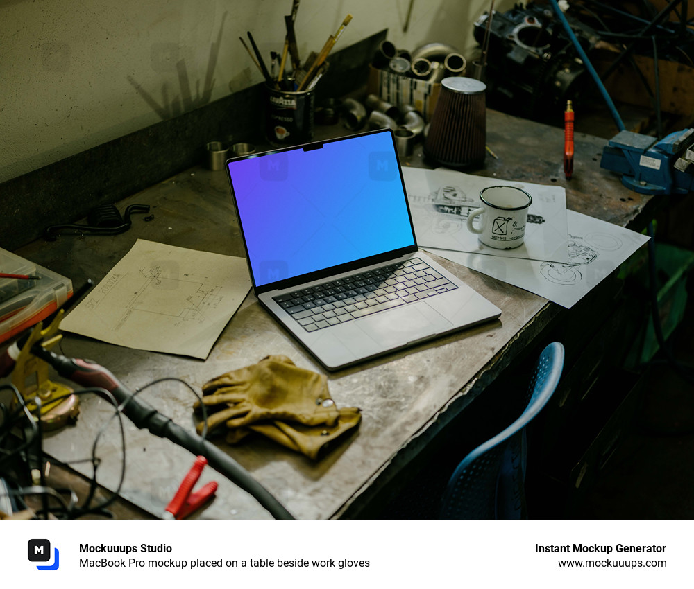 MacBook Pro mockup placed on a table beside work gloves