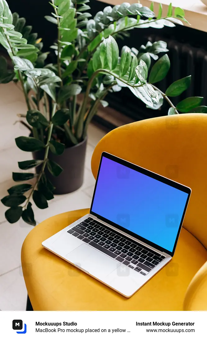 MacBook Pro mockup placed on a yellow chair