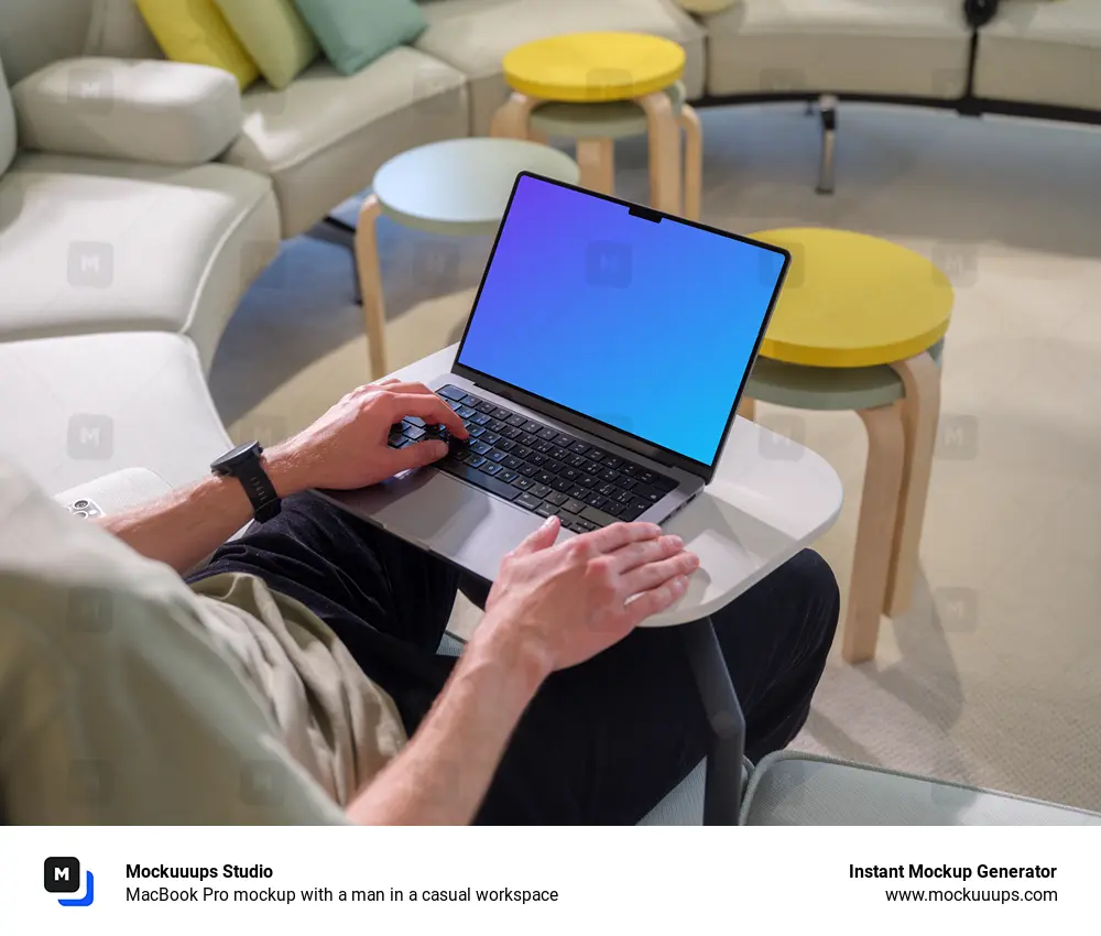 MacBook Pro mockup with a man in a casual workspace