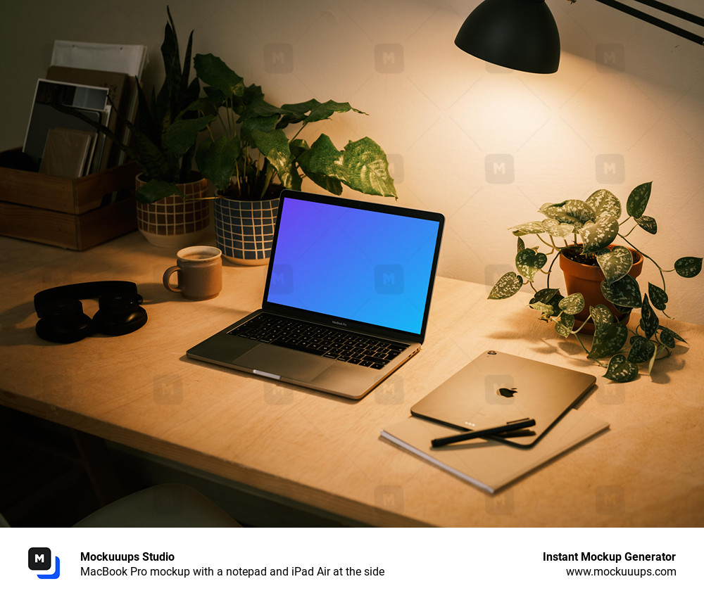 MacBook Pro mockup with a notepad and iPad Air at the side