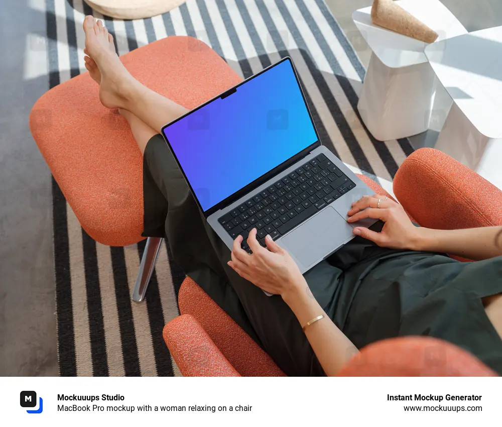 MacBook Pro mockup with a woman relaxing on a chair