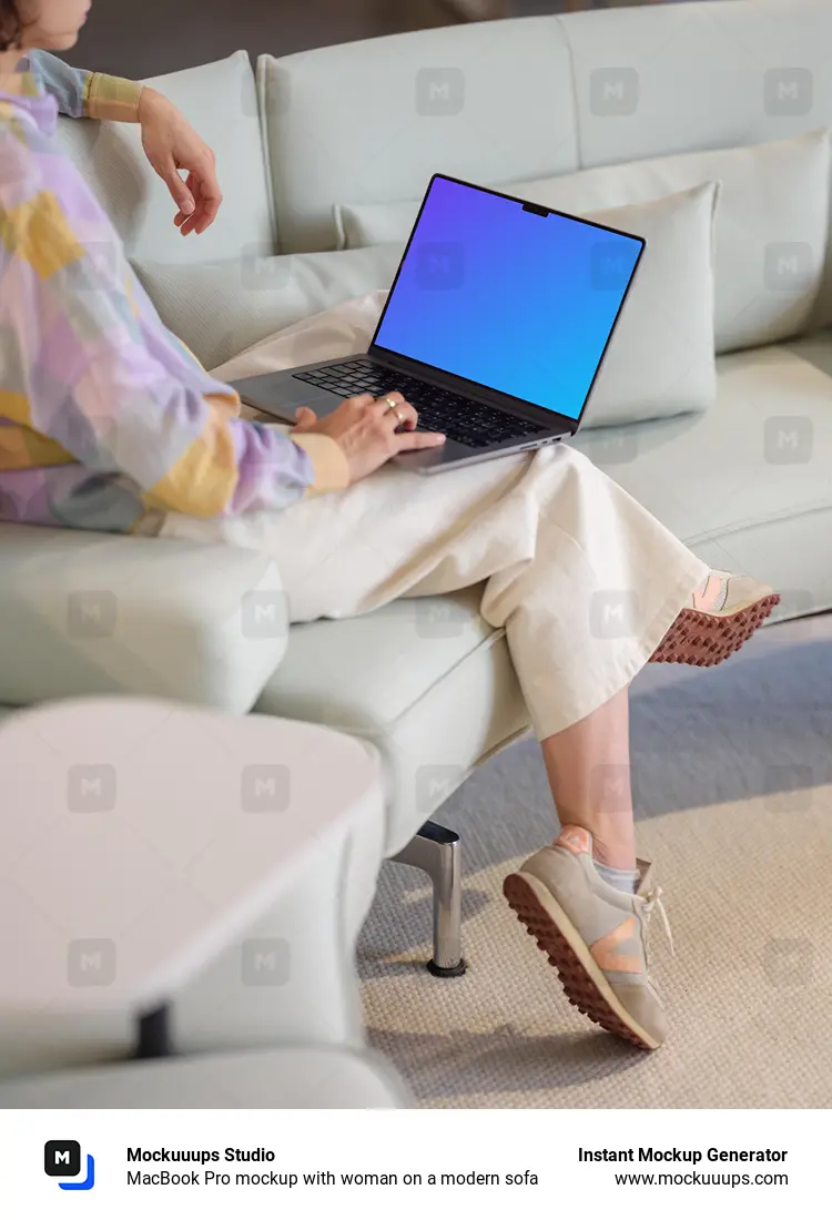 MacBook Pro mockup with woman on a modern sofa