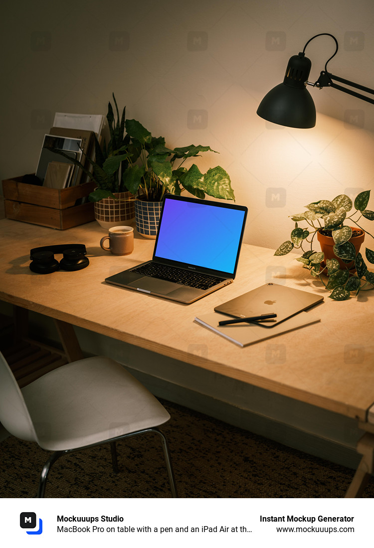 MacBook Pro on table with a pen and an iPad Air at the side