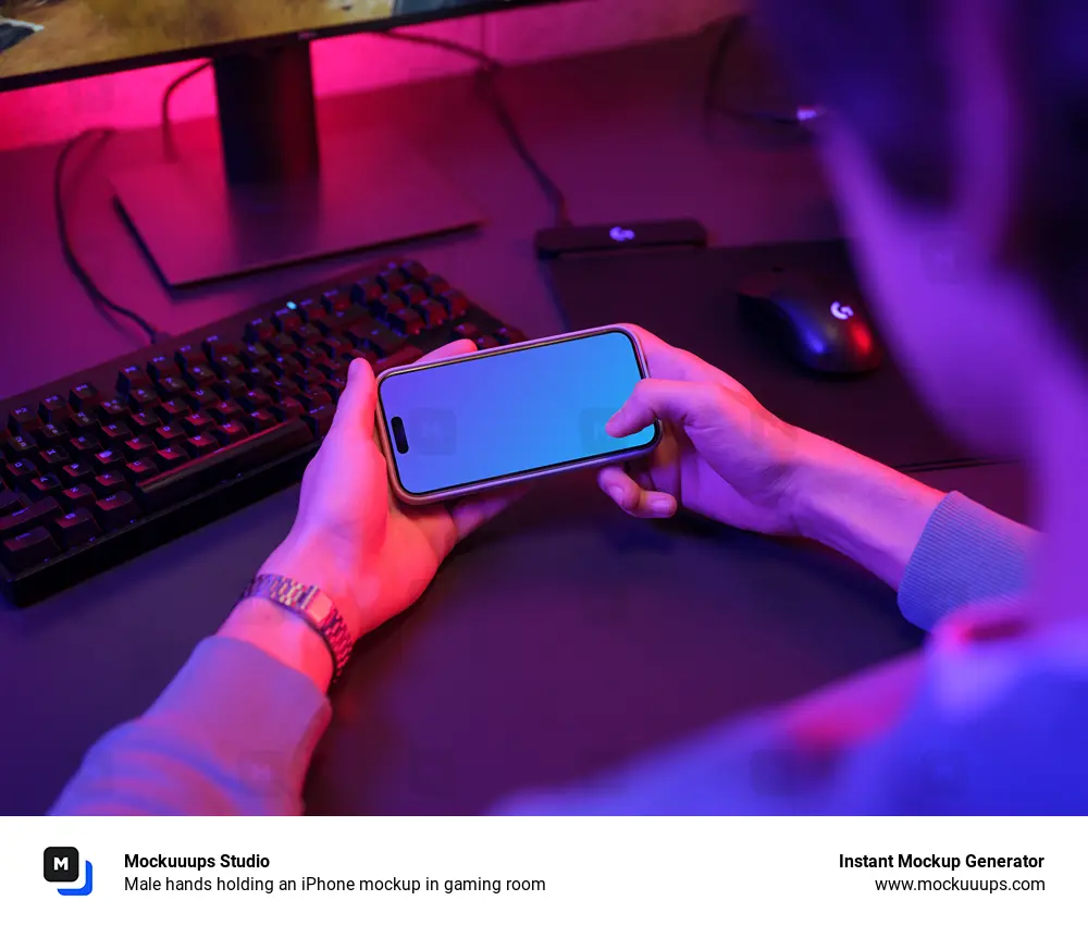 Male hands holding an iPhone mockup in gaming room