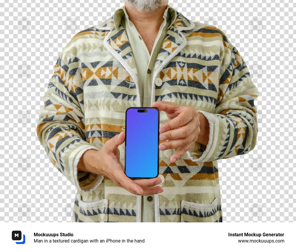 Man in a textured cardigan with an iPhone in the hand
