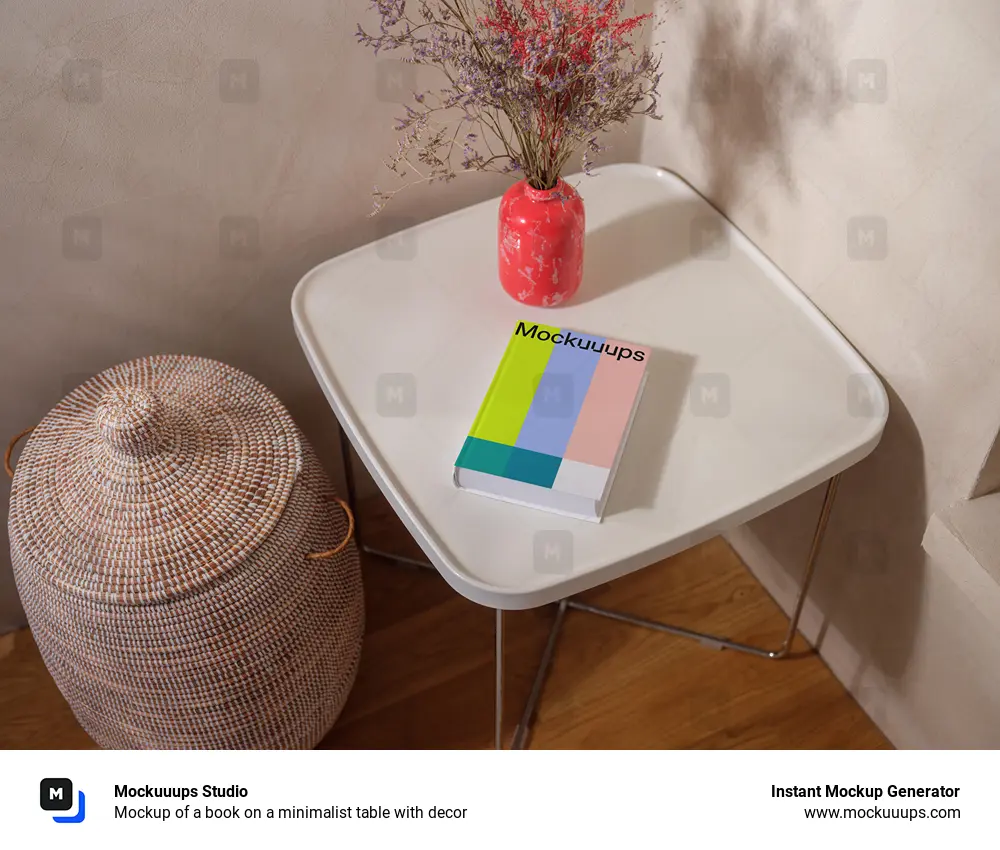 Mockup of a book on a minimalist table with decor