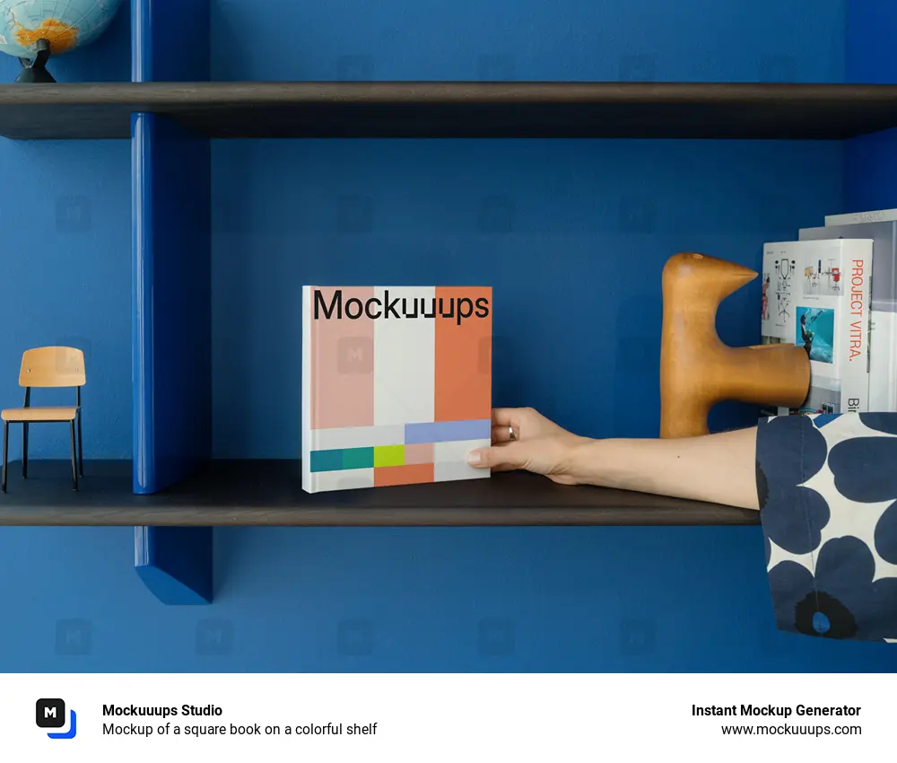 Mockup of a square book on a colorful shelf