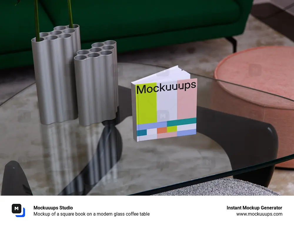 Mockup of a square book on a modern glass coffee table