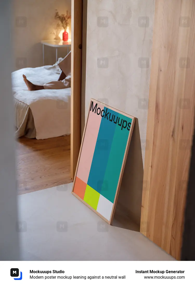 Modern poster mockup leaning against a neutral wall