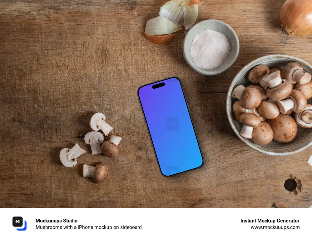 Mushrooms with a iPhone mockup on sideboard