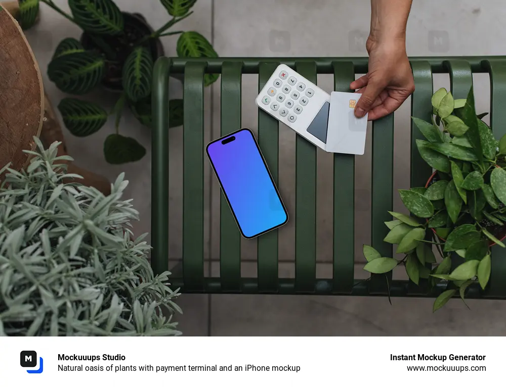 Natural oasis of plants with payment terminal and an iPhone mockup