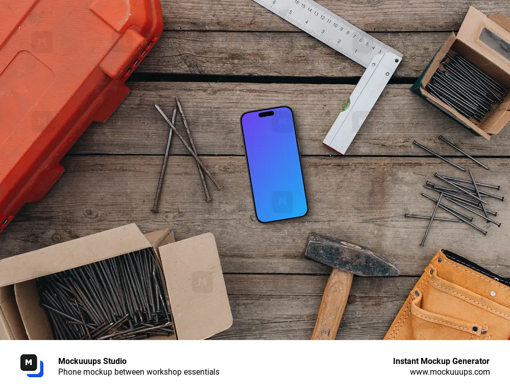 Phone mockup between workshop essentials