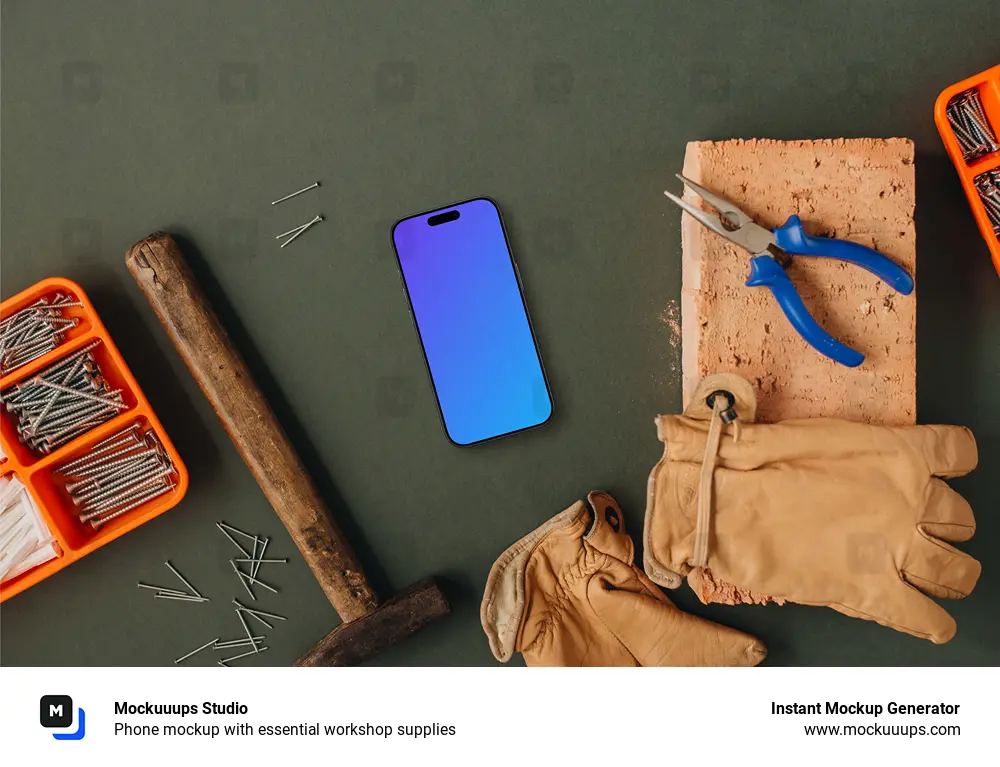 Phone mockup with essential workshop supplies