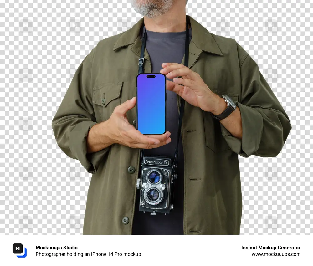 Photographer holding an iPhone 14 Pro mockup