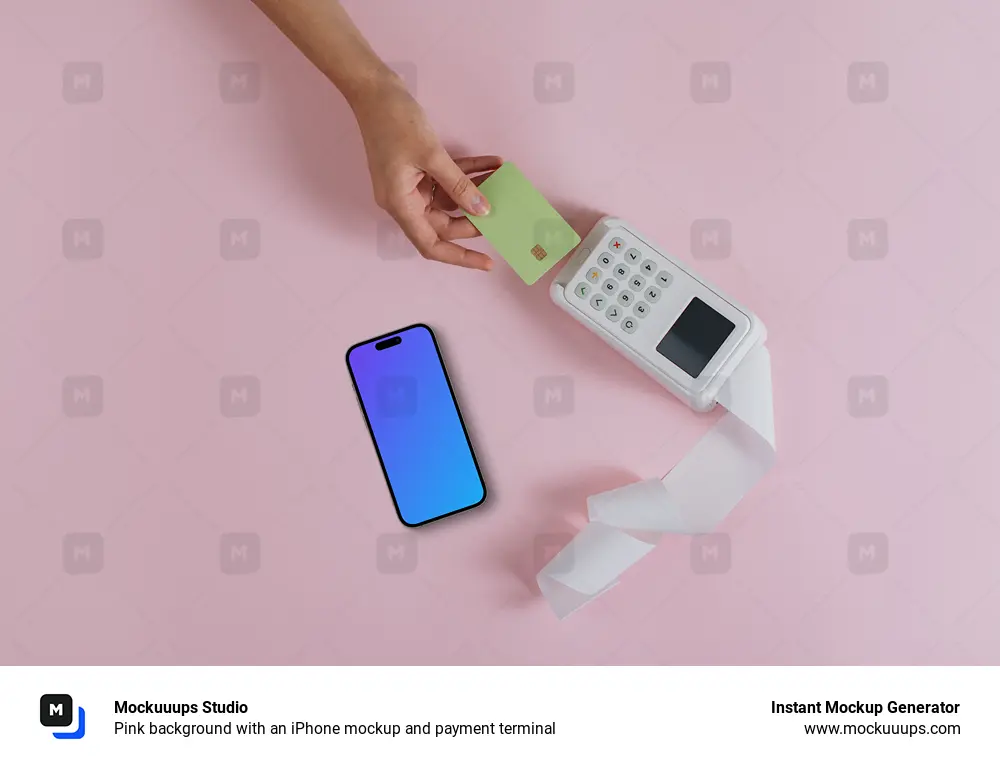Pink background with an iPhone mockup and payment terminal