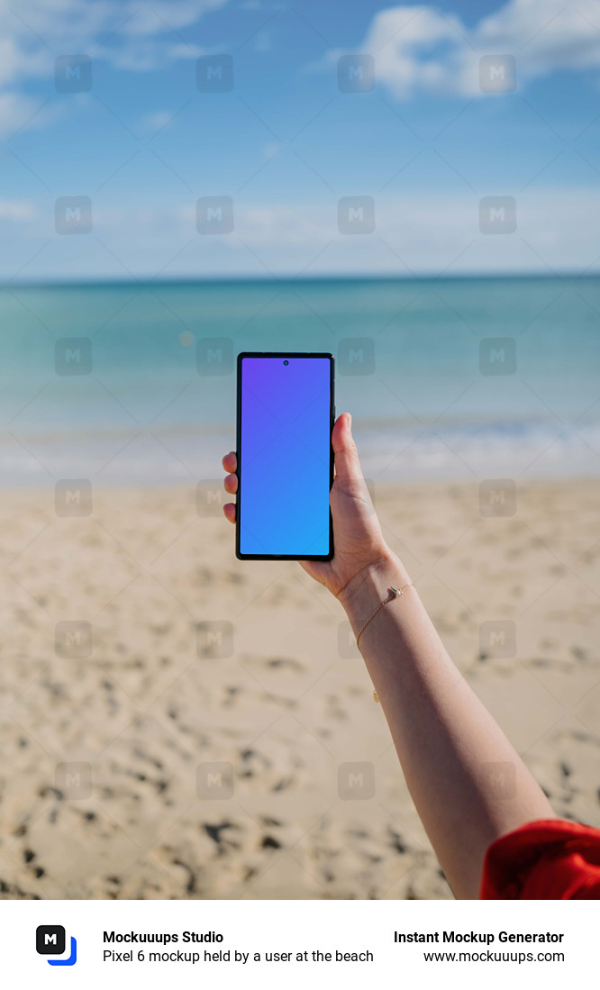 Pixel 6 mockup held by a user at the beach