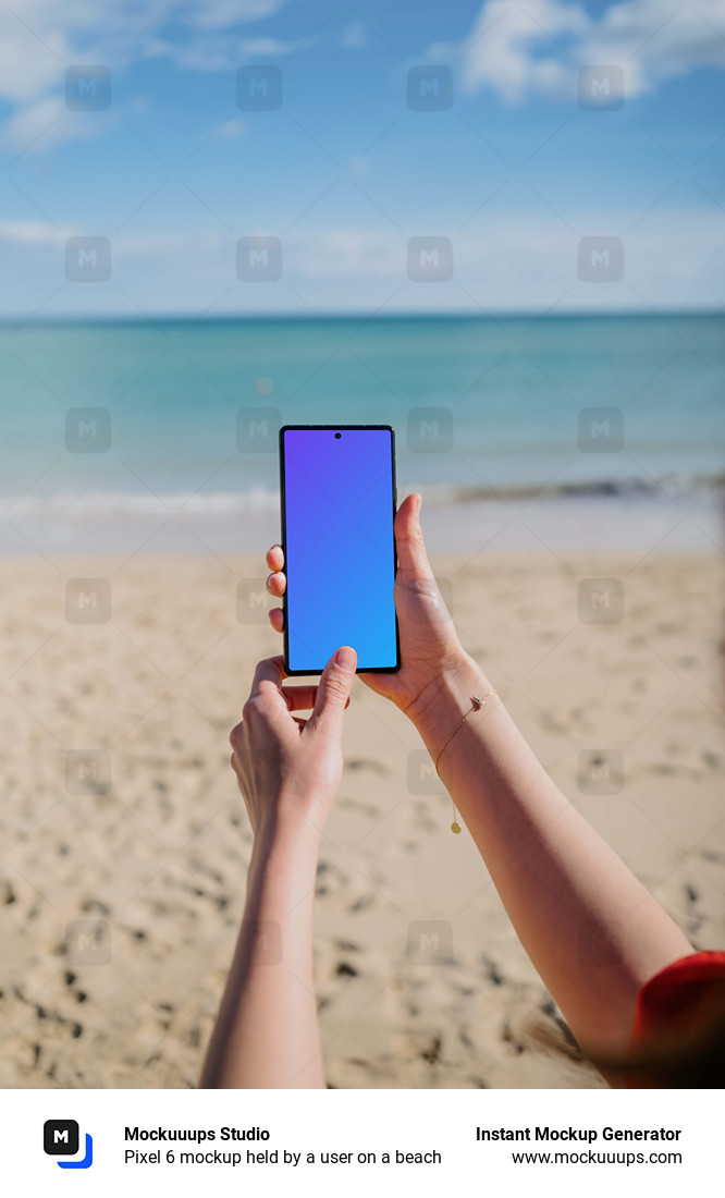 Pixel 6 mockup held by a user on a beach