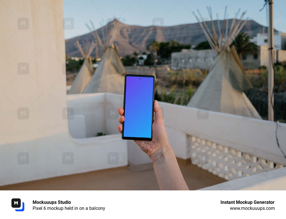 Pixel 6 mockup held in on a balcony