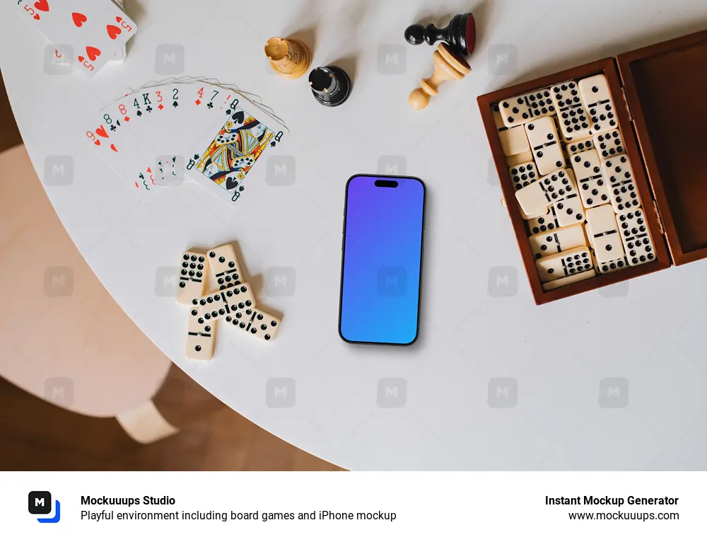 Playful environment including board games and iPhone mockup