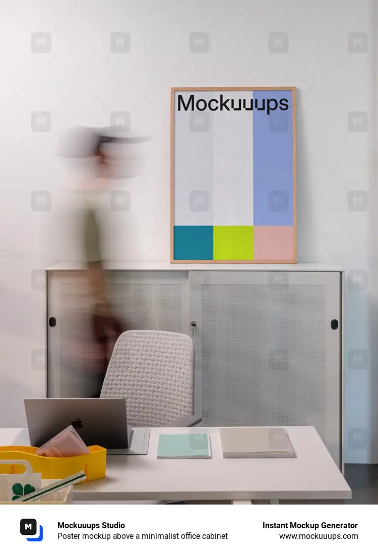 Poster mockup above a minimalist office cabinet