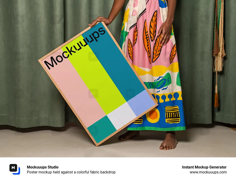 Poster mockup held against a colorful fabric backdrop