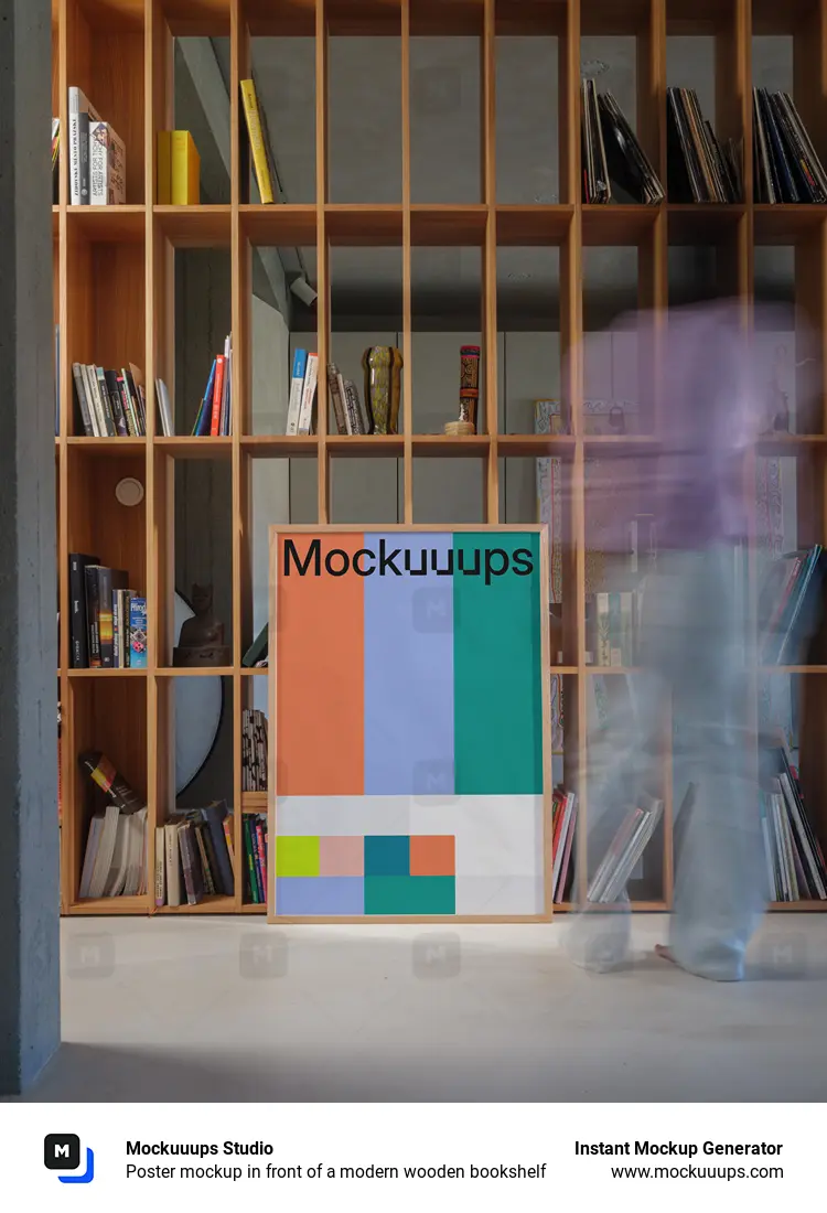 Poster mockup in front of a modern wooden bookshelf