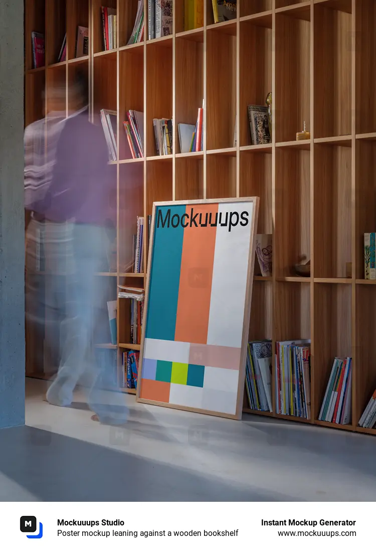 Poster mockup leaning against a wooden bookshelf